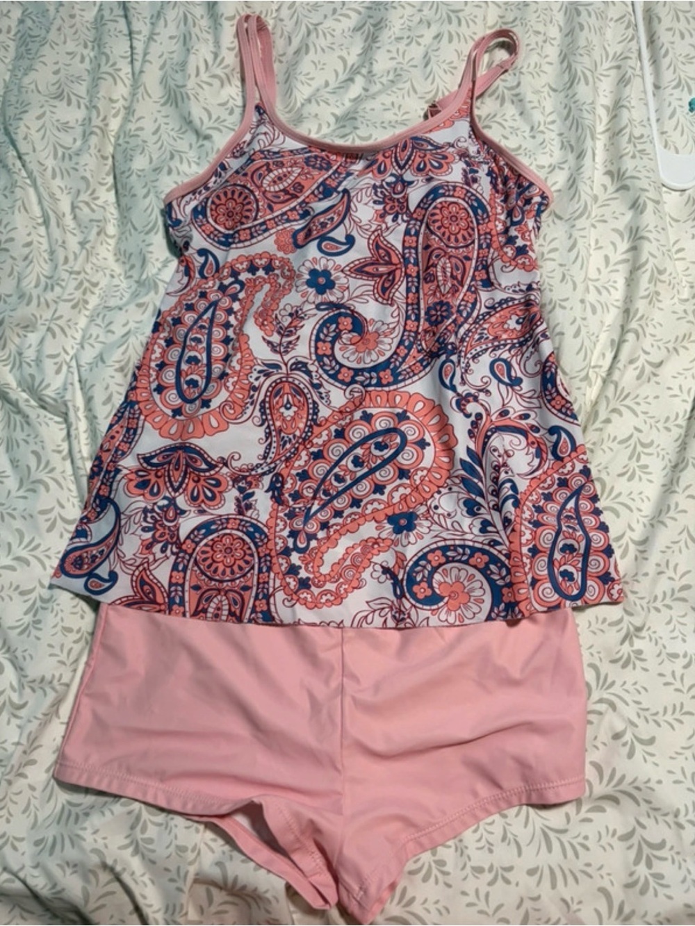 Women’s Pink Paisley Tankini Set - Pink Shorts - Picture 2 of 2